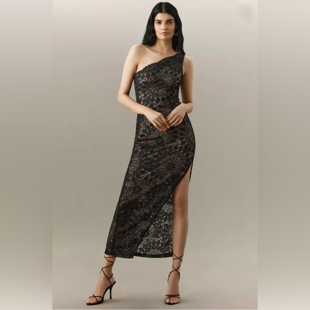 Nightcap Free People “Lotus” Black Tan Lace One-Shoulder Maxi Dress Gown XS M L